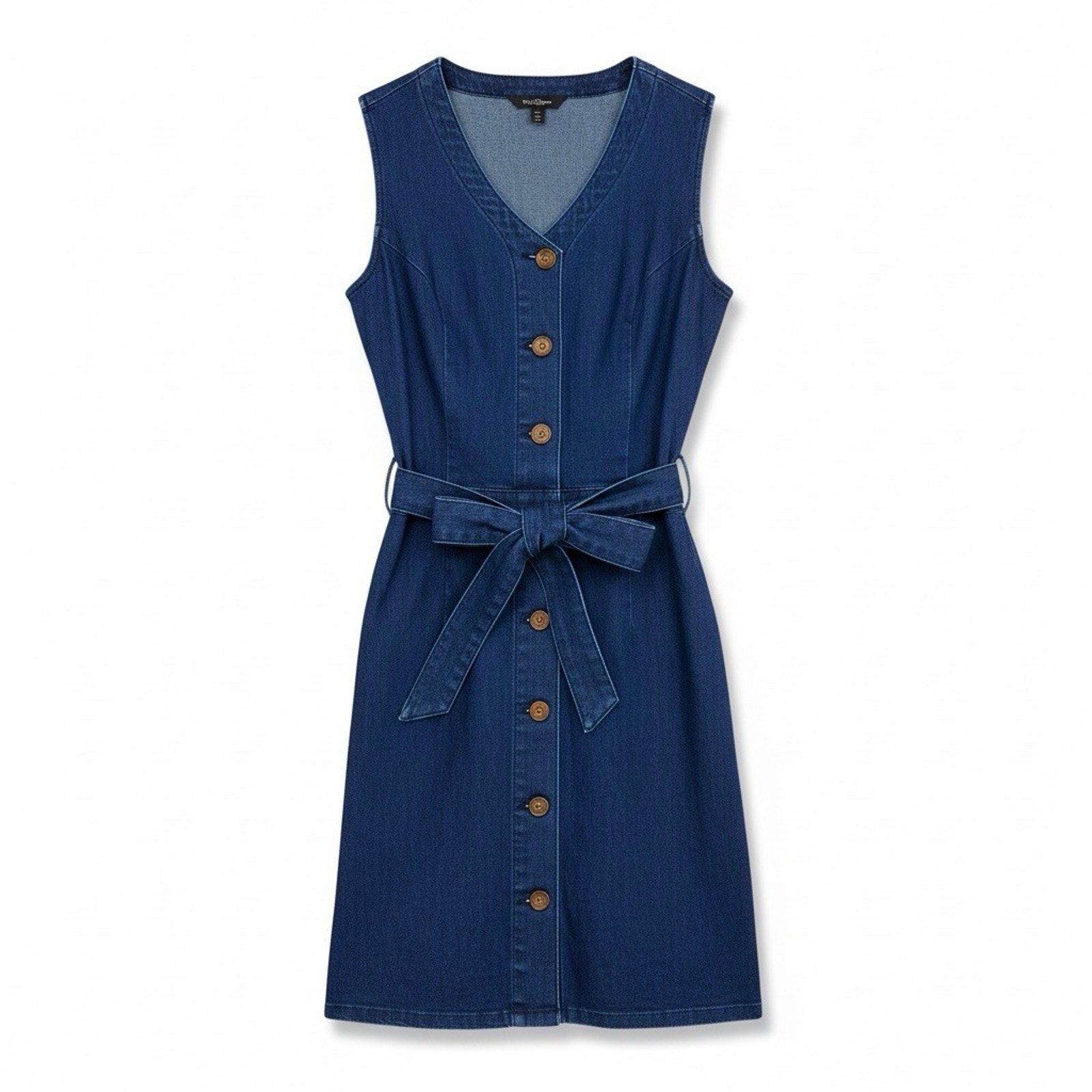 Denim Mini Dress Belted Western Retro Cottage V-Neck Sleeveless Button Down M